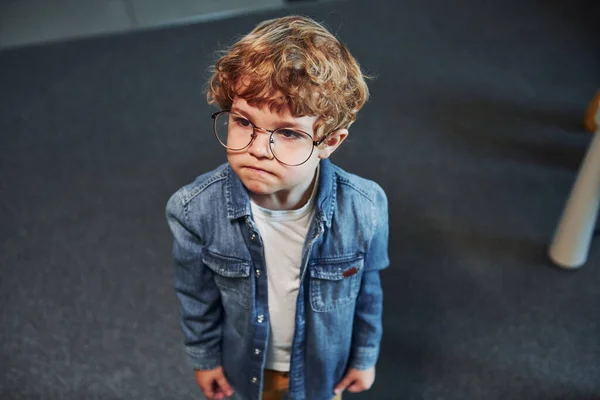 Portrait Cute Kid Glasses Standing Indoors — Stockfoto
