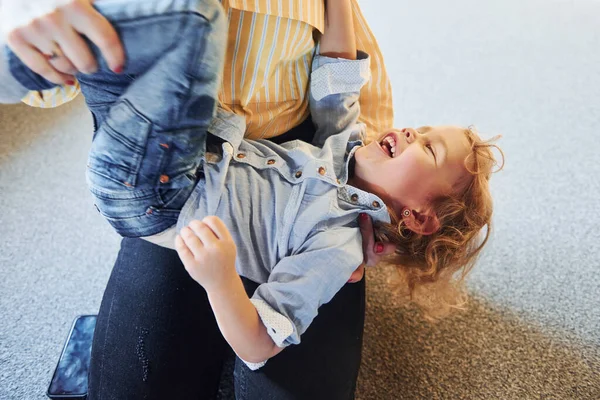 Child Jeans Casual Clothes Have Fun Indoors — ストック写真