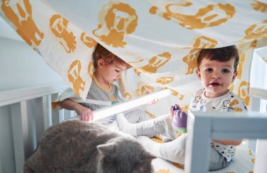 İki küçük çocuk dinleniyor ve battaniyenin altında birlikte eğleniyorlar. Kedi uzanıyor..