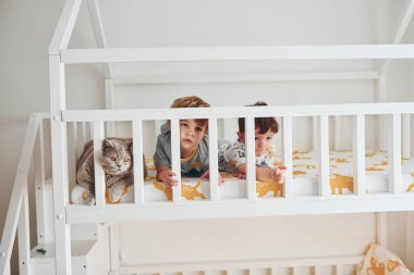 İki küçük çocuk dinleniyor ve yatak odasında birlikte eğleniyorlar. Onların yanında oturan kedi..