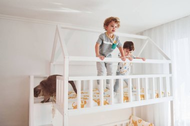 İki küçük çocuk dinleniyor ve yatak odasında birlikte eğleniyorlar. Onların yanında oturan kedi..