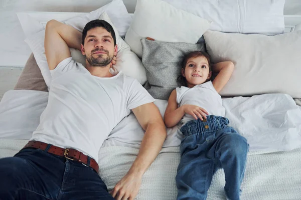 Happy Father His Daughter Spending Free Time Home Together Lying — Φωτογραφία Αρχείου