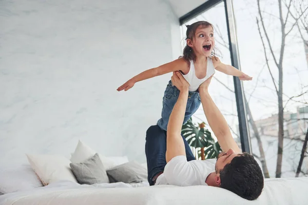 Happy Father His Daughter Have Fun Home Together — Foto Stock