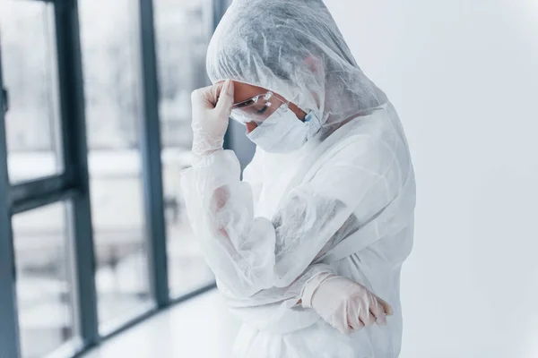 Feeling Bad Tired Depressed Portrait Female Doctor Scientist Lab Coat — Stock fotografie