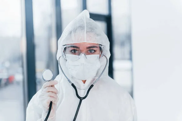 Stethoscope Portrait Female Doctor Scientist Lab Coat Defensive Eyewear Mask — Stock Fotó