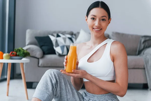 Holds Glass Orange Juice Hands Young Woman Slim Body Shape — 스톡 사진