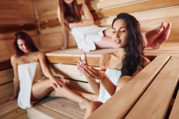 Group Young Female Friends Lying Have Rest Sauna Together Conception — Stock fotografie