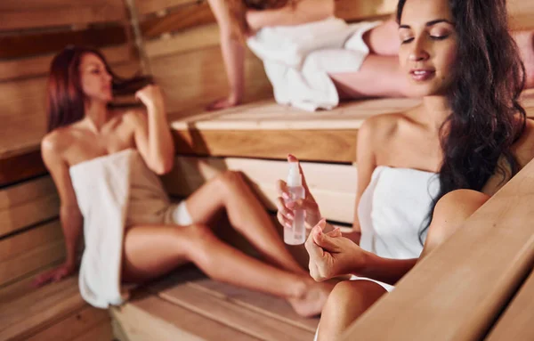 Group Young Female Friends Lying Have Rest Sauna Together Conception — Foto de Stock