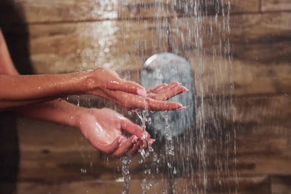 Close View Hands Woman Taking Shower Spa — Fotografia de Stock