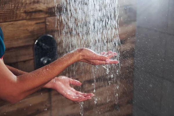 Close View Hands Woman Taking Shower Spa — ストック写真