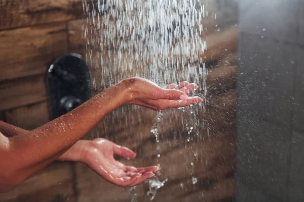 Close View Hands Woman Taking Shower Spa — Stok fotoğraf