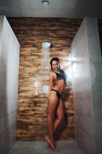 Pretty Brunette Sexy Slim Body Type Underwear Taking Shower Spa — 스톡 사진