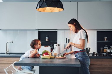 Annesinin, küçük kızıyla mutfakta yemek hazırlarken ki görüntüsü..