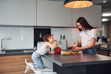 Anne ve küçük kızı mutfakta sebze doğruyor..