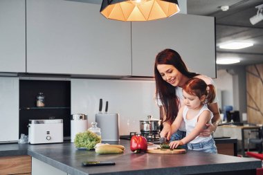 Anne ve küçük kızı mutfakta sebze doğruyor..