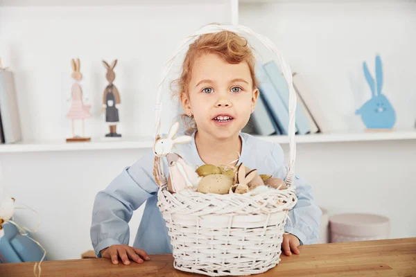 Cute Little Girl Celebrating Easter Holidays Indoors Table Basket Eggs — 스톡 사진