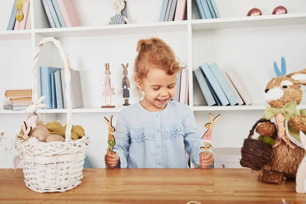 Cute Little Girl Playing Toys Celebrating Easter Holidays Indoors — Stock Photo, Image