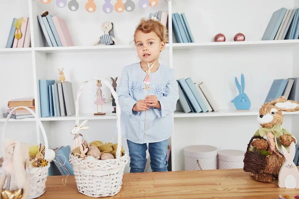 Cute Little Girl Playing Toys Celebrating Easter Holidays Indoors — Stock Photo, Image