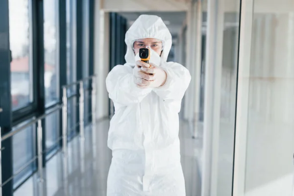 Female Doctor Scientist Lab Coat Defensive Eyewear Mask Standing Indoors — Stock Photo, Image