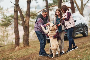 Happy family have fun with their active dog near modern car outdoors in forest.