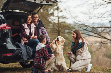 Mutlu aile, köpekleriyle ormanda, modern arabanın yanında eğleniyor..