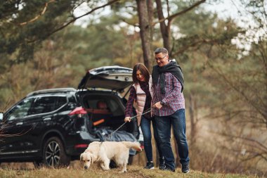 Happy mature couple have a walk with their dog in autumn or spring forest near modern car.