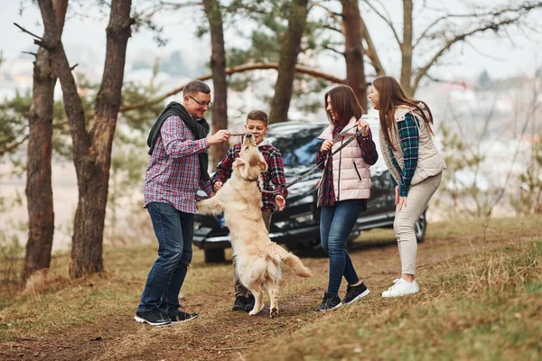 Happy Family Have Fun Active Dog Modern Car Outdoors Forest — Photo