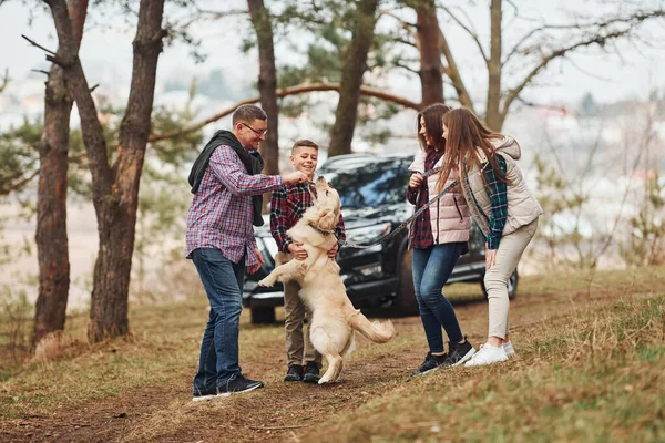 Happy Family Have Fun Active Dog Modern Car Outdoors Forest — Photo