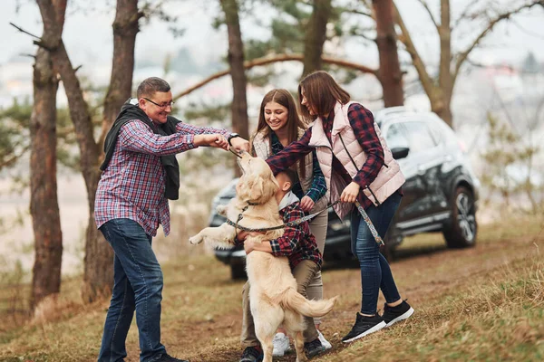 Familia Feliz Divertirse Con Perro Activo Cerca Coche Moderno Aire —  Fotos de Stock