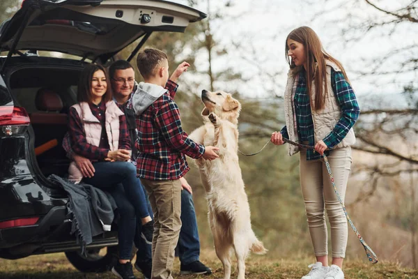 Joyeux Famille Assis Amuser Avec Leur Chien Près Voiture Moderne — Photo