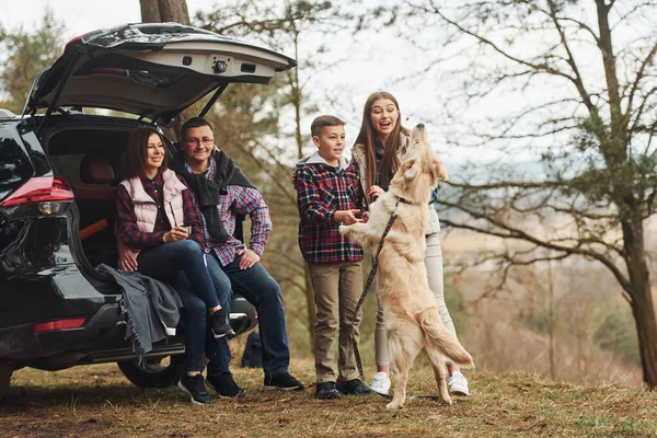 Happy Family Have Fun Dog Modern Car Outdoors Forest — Photo