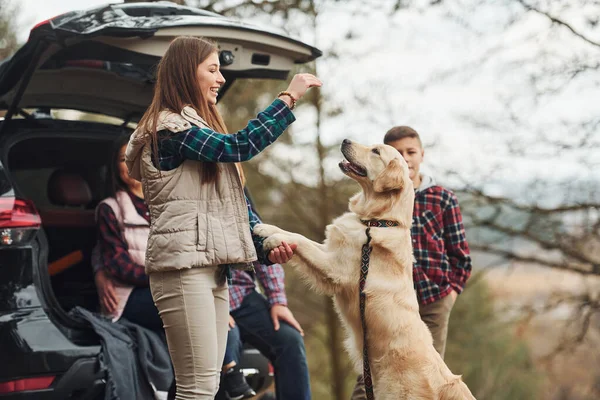 Happy Family Have Fun Dog Modern Car Outdoors Forest — Photo