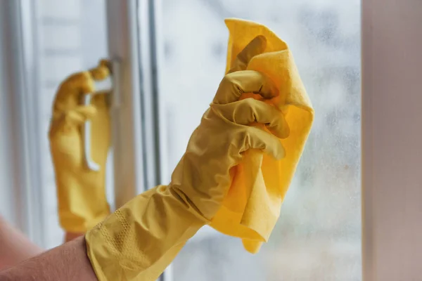 Housewife Yellow Uniform Cleaning Windows House Renovation Conception — Zdjęcie stockowe