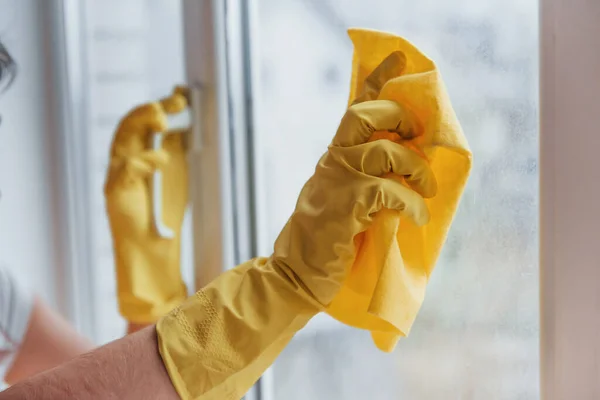 Housewife Yellow Uniform Cleaning Windows House Renovation Conception — Zdjęcie stockowe