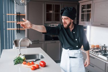 Üniformalı profesyonel aşçı mutfakta salata yapıyor..