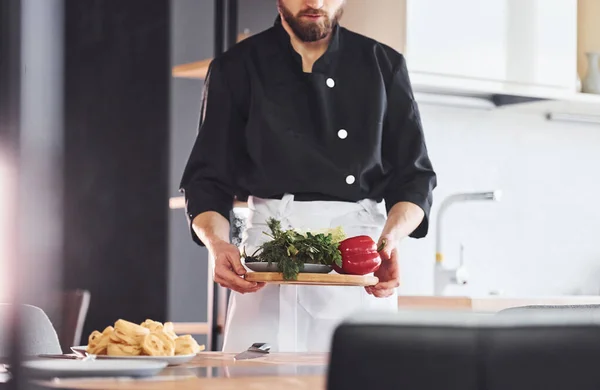 Vegetables Professional Young Chef Cook Uniform Working Kitchen — Stock Photo, Image