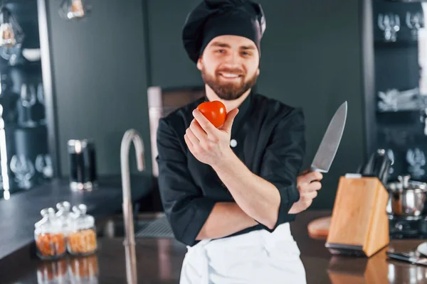Portrait Professional Young Chef Cook Uniform Posing Camera Kitchen —  Fotos de Stock