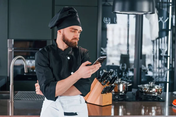 Professional Young Chef Cook Uniform Standing Phone Kitchen — Stockfoto