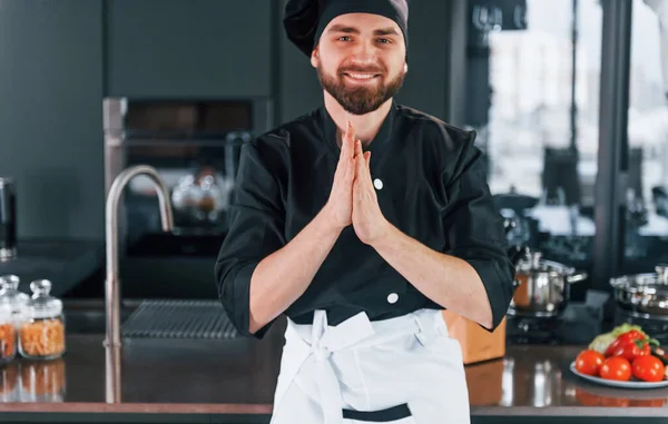 Portrait Professional Young Chef Cook Uniform Posing Camera Kitchen — Stock fotografie