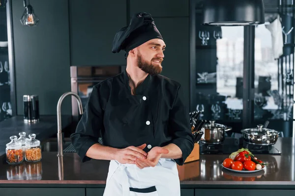 Portrait Professional Young Chef Cook Uniform Posing Camera Kitchen — Stock Photo, Image