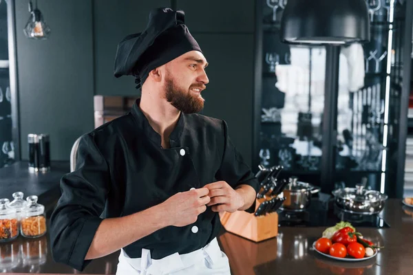 Portrait Professional Young Chef Cook Uniform Posing Camera Kitchen — Stock Photo, Image