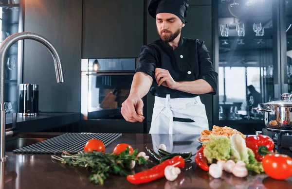 Professional Young Chef Cook Uniform Have Busy Day Kitchen — Stock Photo, Image