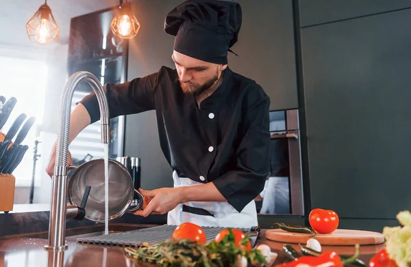 Professional Young Chef Cook Uniform Working Kitchen — Fotografia de Stock