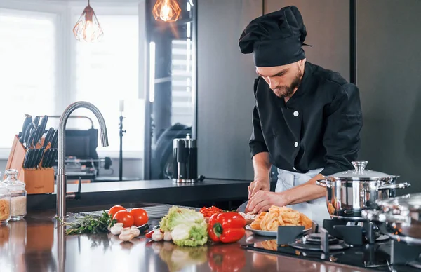 Professional Young Chef Cook Uniform Working Kitchen — Fotografia de Stock