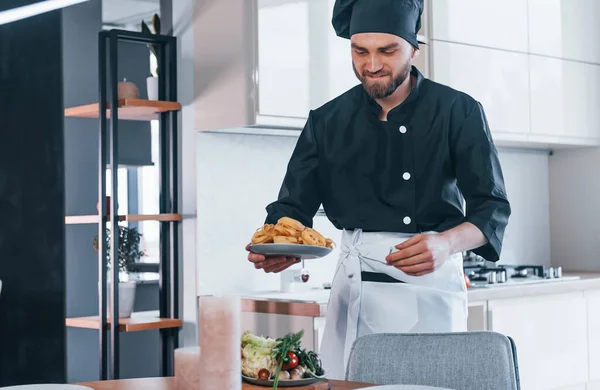 Professional Young Chef Cook Uniform Making Salad Kitchen — Fotografia de Stock