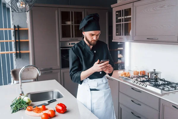 Professional Young Chef Cook Uniform Standing Kitchen — Stock Photo, Image