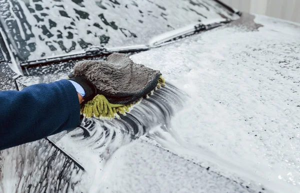 Male Worker Uniform Washing New Modern Car Full Soap Conception — стоковое фото
