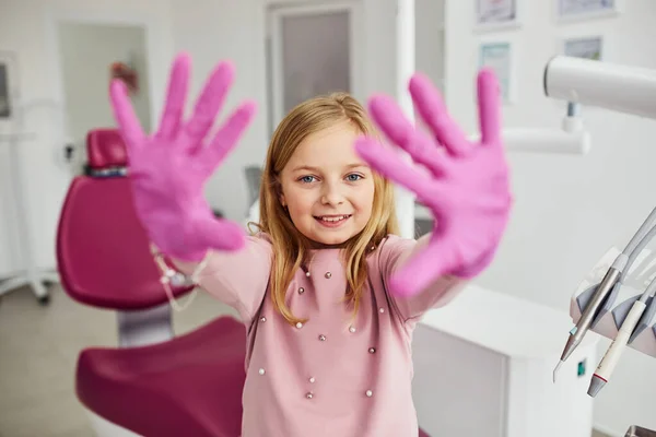 Little Girl Gloves Hands Standing Stomatology Clinic —  Fotos de Stock