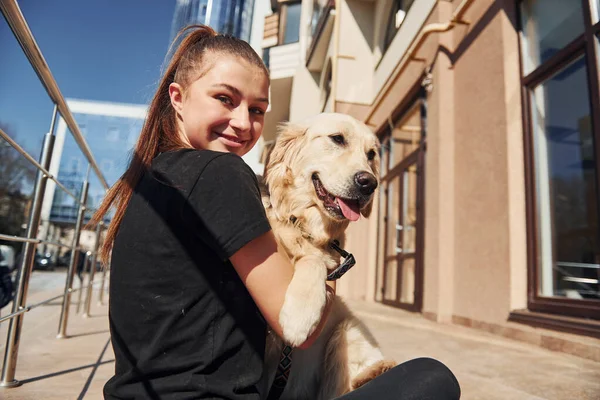 Sitting Together Young Positive Woman Have Fun Her Dog Have — Stockfoto