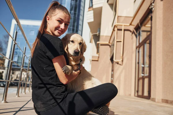 Sitting Together Young Positive Woman Have Fun Her Dog Have — Stockfoto